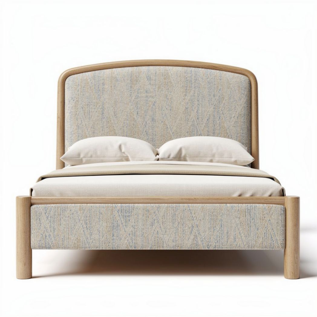 Bed met een houten frame en gestoffeerde hoofdbord in neutrale kleuren 200 x 160 x 100cm