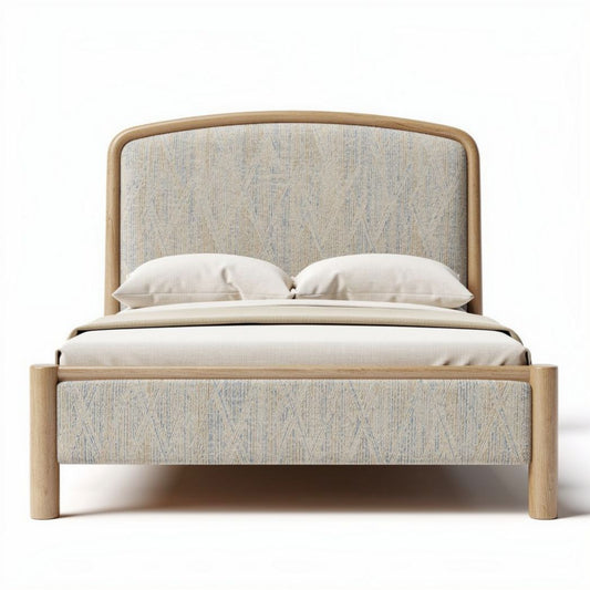 Bed met een houten frame en gestoffeerde hoofdbord in neutrale kleuren 200 x 160 x 100cm
