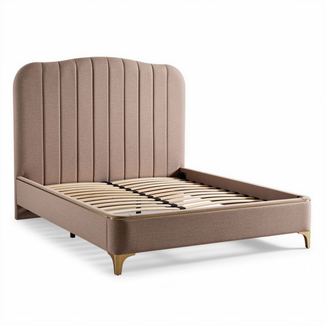 Bedframe met gestoffeerde hoofdbord in lichtbruin stof 190 x 140 x 100cm