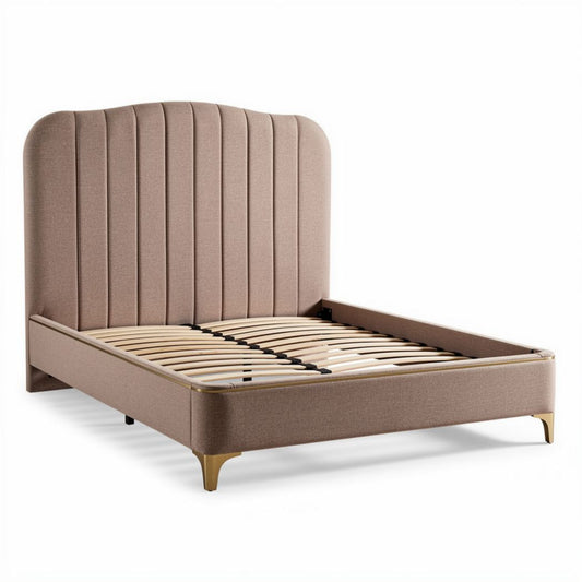 Bedframe met gestoffeerde hoofdbord in lichtbruin stof 190 x 140 x 100cm