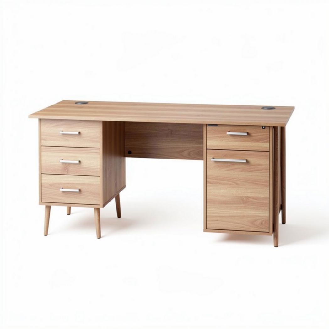 Houten bureau met lade en kast 120 x 60 x 75cm in lichtbruin