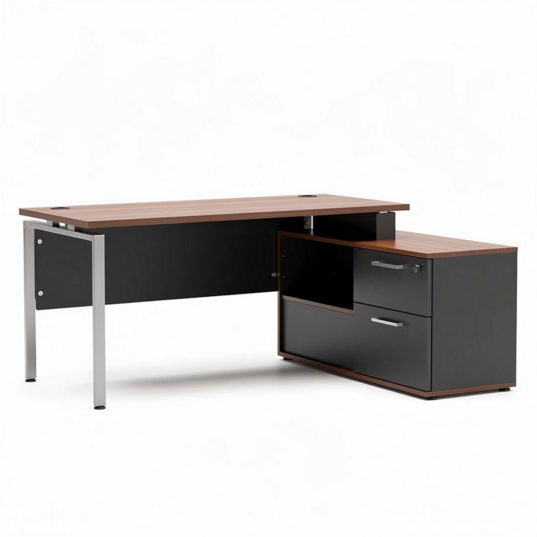 Bureau met kast en lades van spaanplaat en metaal 150 x 70 x 75cm bruin en zwart