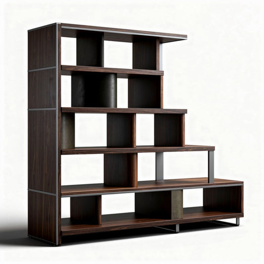 Boekenkast van zwart hout met verschillende opbergvakken 180 x 120 x 40cm